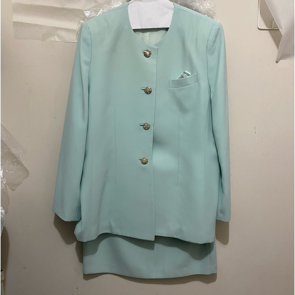 Mint Green Suit, Rhinestone Buttons by Night Studio New York, Size 14
